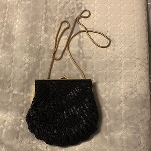 Vintage Elegant Black Carla Marchi Black Beaded Clam Shell Evening Bag